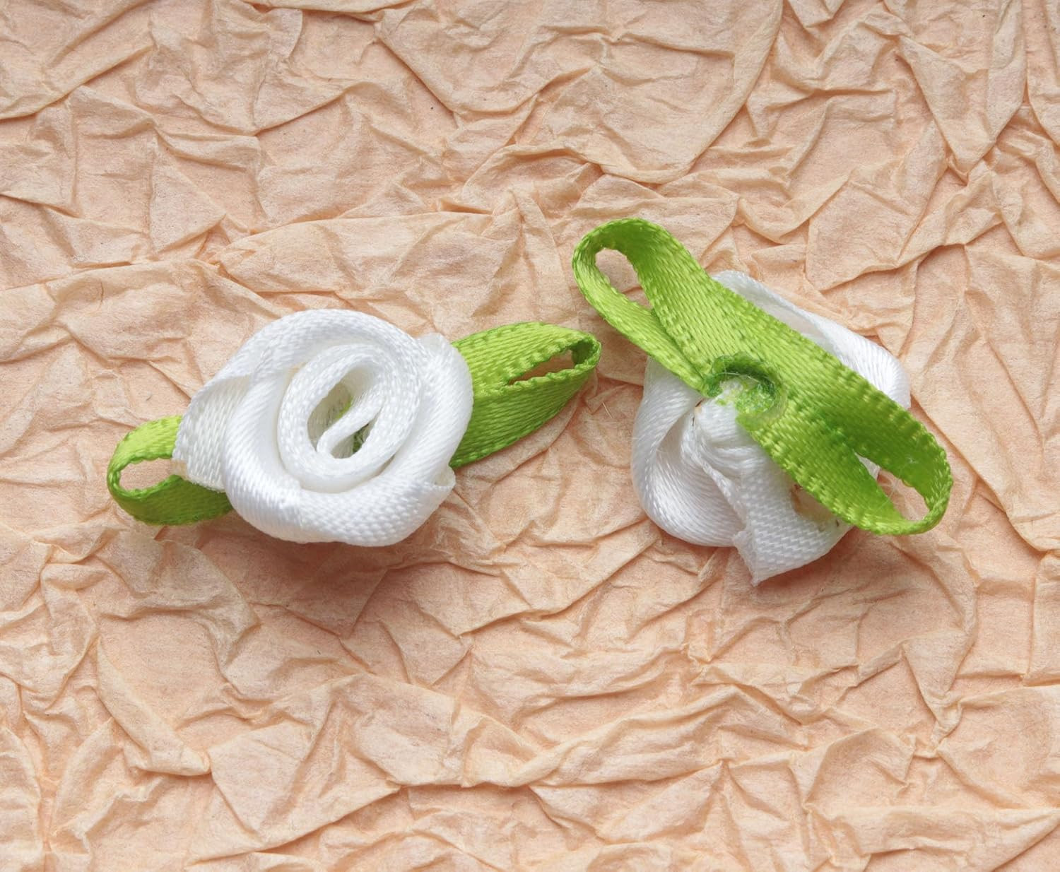 50 Pcs Satin Roses with Green Leaves Mini Cute Ribbon Bows Fabric Artificial Flo