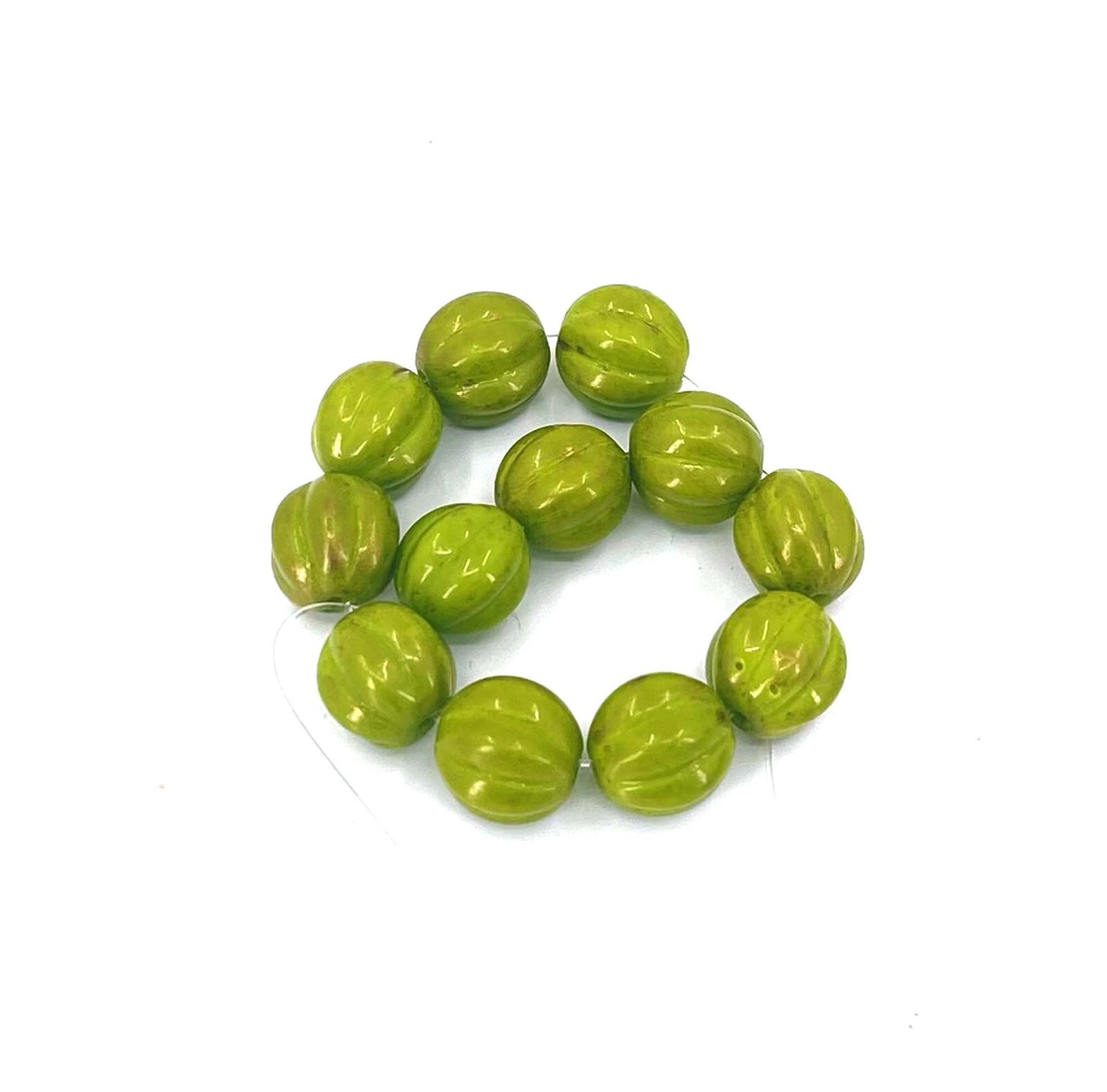 12 Czech Glass Melon Round Beads 8mm – Gold Marbled – Opaque Olive Green