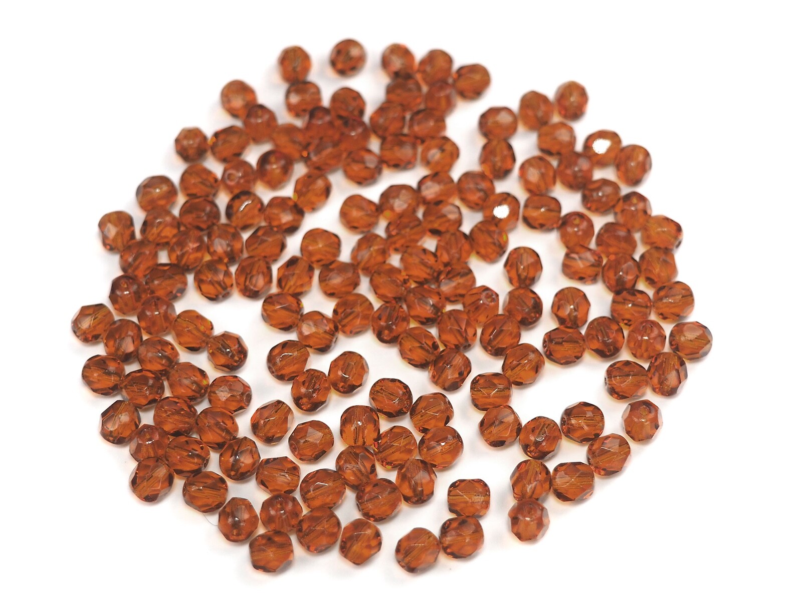 Czech Fire Polished Round Faceted Glass Beads in Medium Topaz, 16” strand, brown