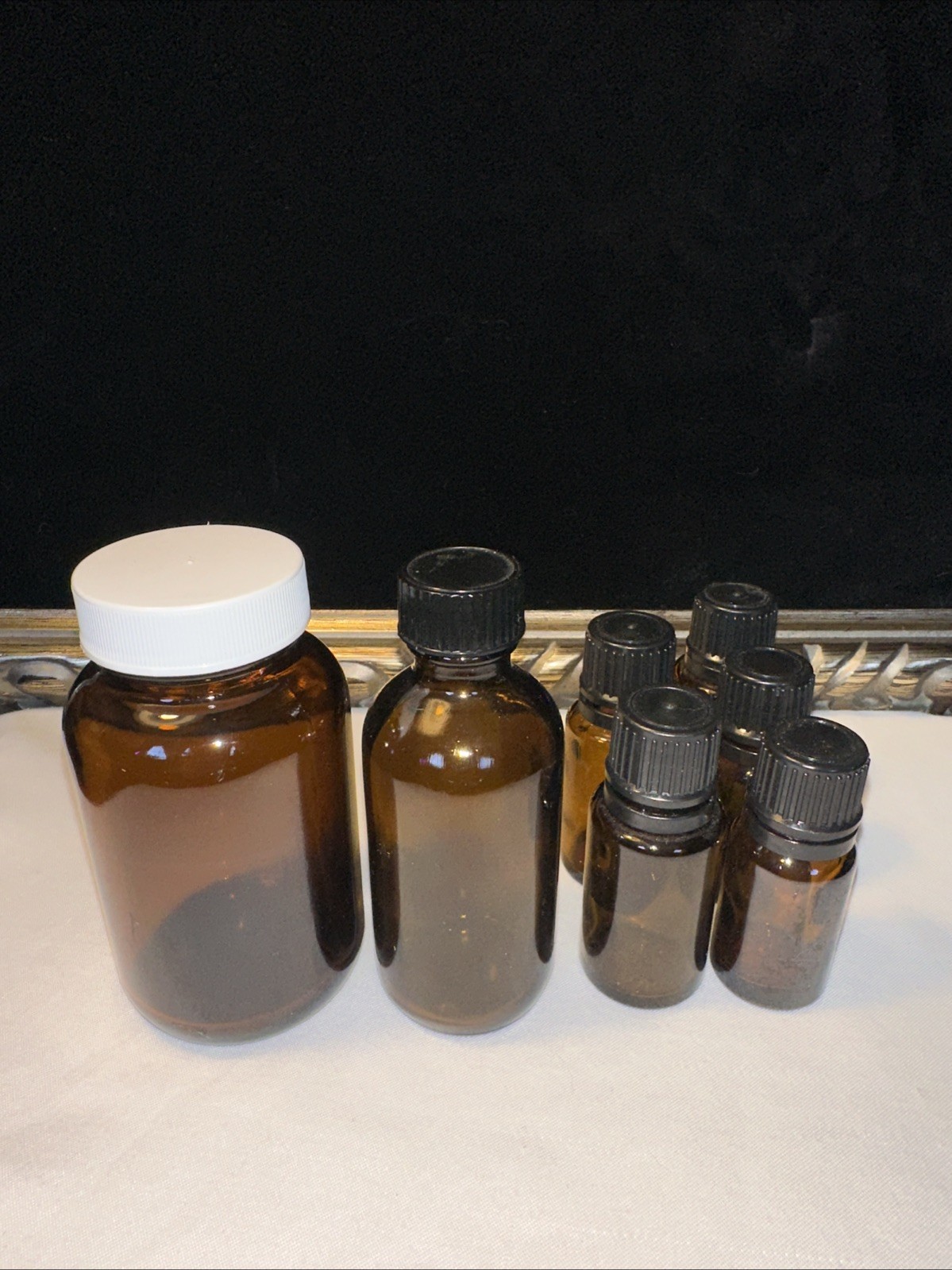 Set of 7 Amber Glass Bottles, Asst. Szs, Sealed Storage, Oils, Medicine, Bubbles