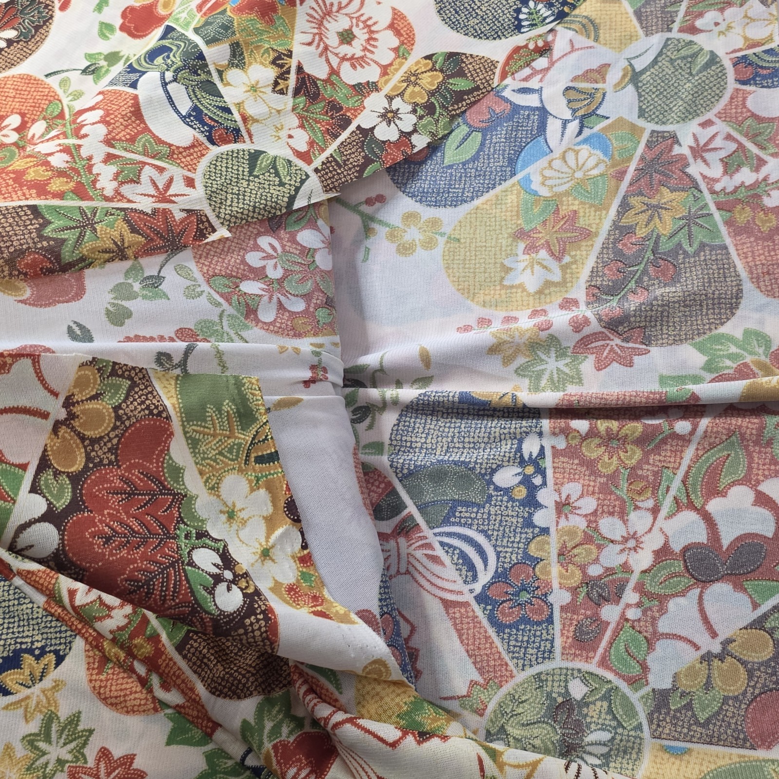 Vintage Japanese Fan Motif Fabric Bolt Polyester Kimono Floral 3.4 Yd Wide…