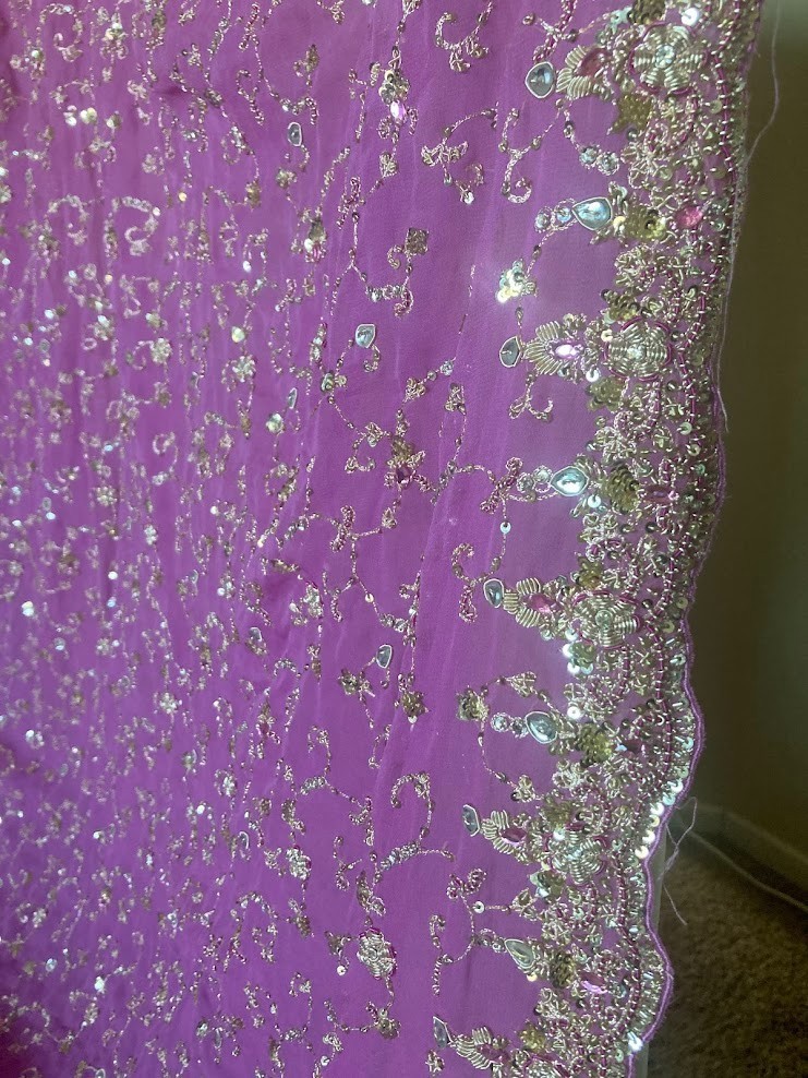 Vintage Indian Orchid Lavender Scarf Zardozi Gold Sequin Kundan Dupatta 100×44