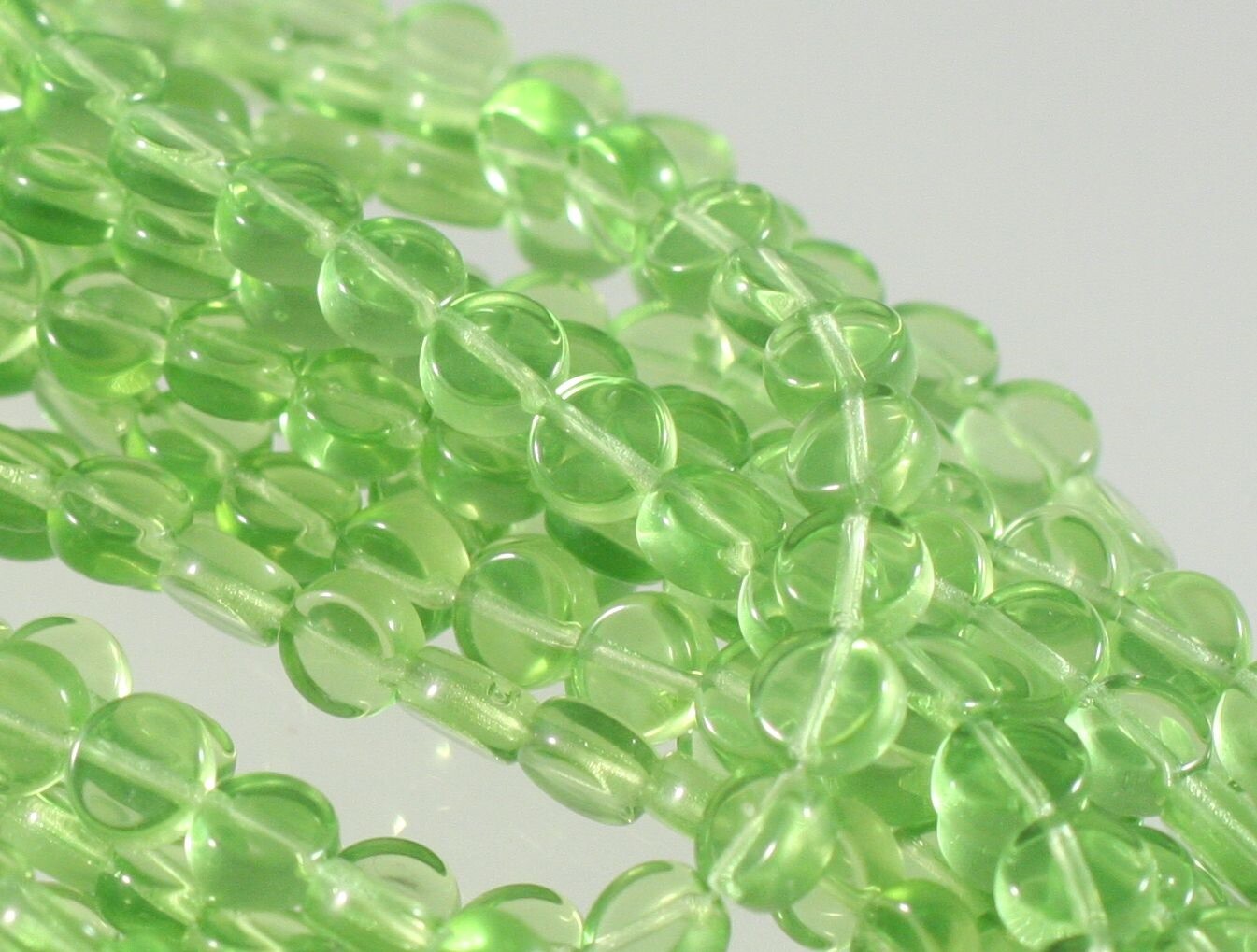 100 Czech Pressed Glass Transparent Peridot Green 6mm Flat Coin Beads 0.8mm Hole