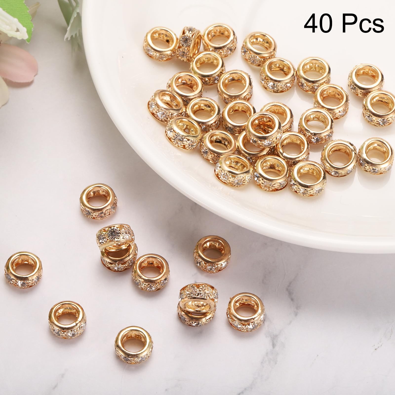 uxcell 40 Pcs 10mm Large Hole Rhinestone Beads, European Spacer Bead, Rondelle L