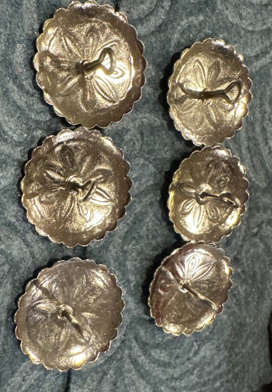 6 – Silver Tone Concho Buttons – Western, Native Crafts – 1″ Large Stamped