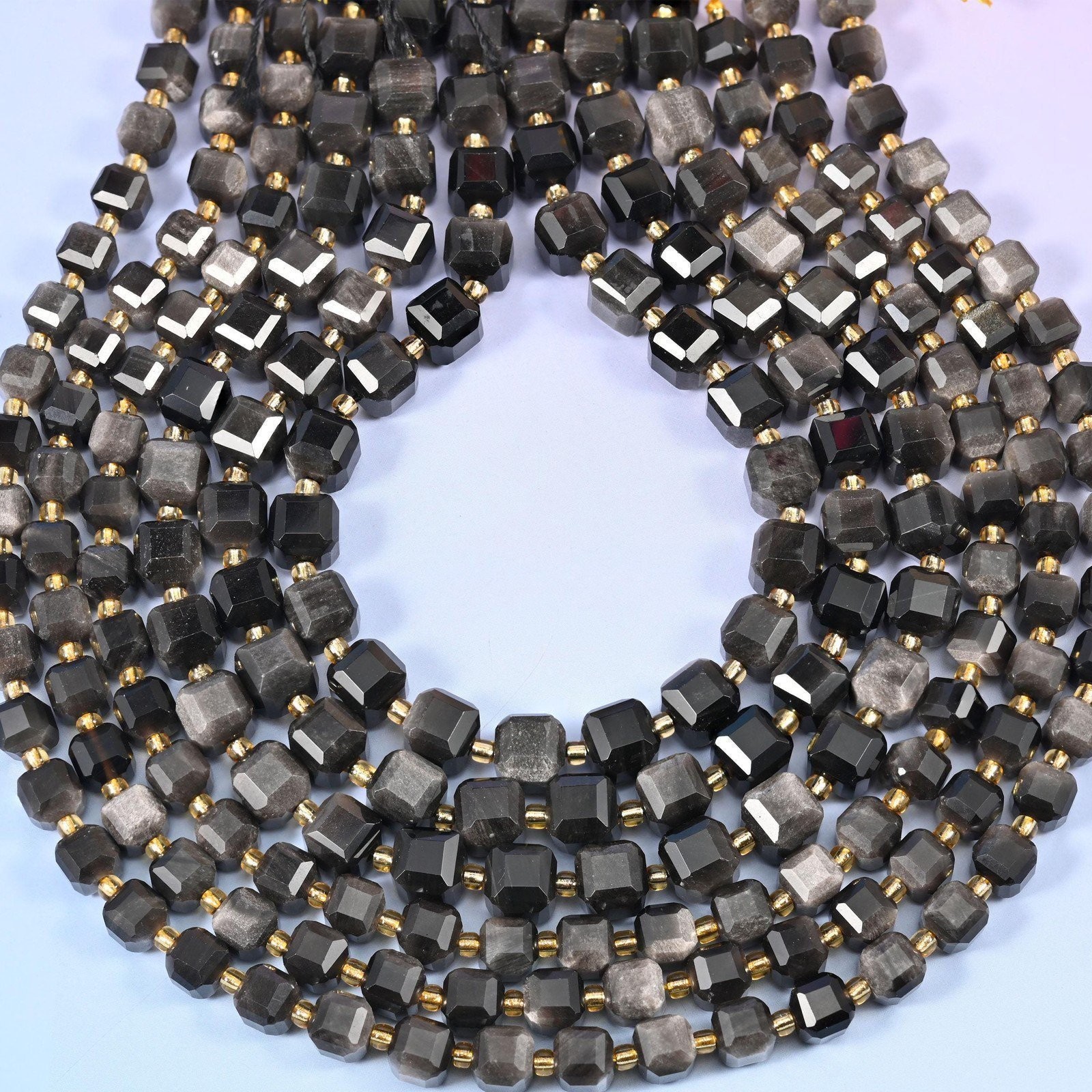 Silver Obsidian Faceted Cube Beads: Size 6mm 8mm, Jewelry Making, 15 inch Strand