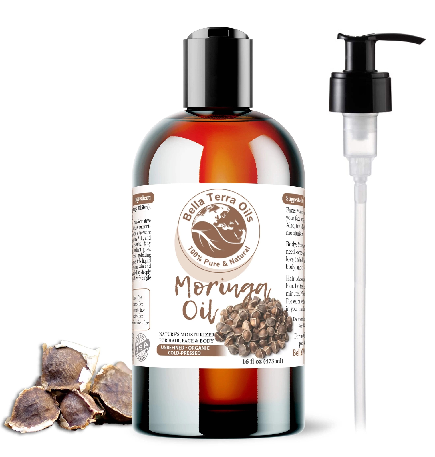 Organic Moringa Oil – 16oz | Premium Grade, Cold-Pressed Oil for Skin, Hair & DI