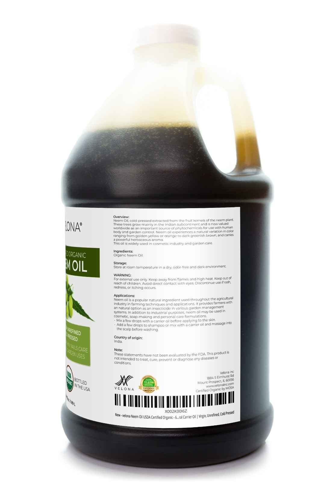 Velona Neem Oil USDA Certified Organic – 64 oz Virgin, Unrefined, Cold Pressed