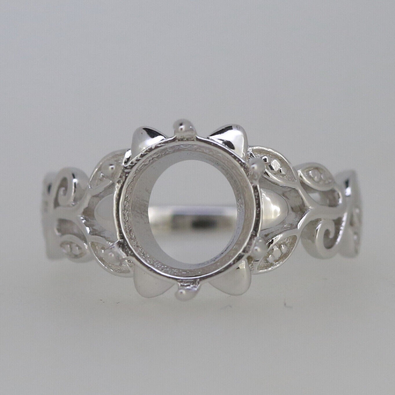 Art Nouveau Style Sterling Silver Semi Mount Ring Setting Round 10x10mm 5Gm