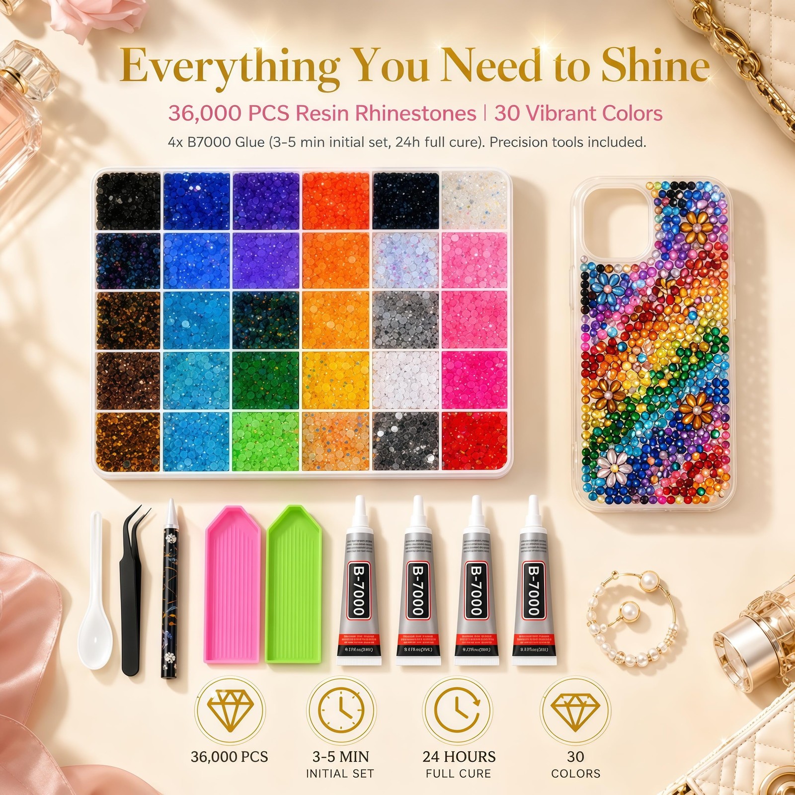 36000pcs Rhinestones Bedazzling Kit, 30 Colors 3mm Flatback Resin Bedazzler Gems