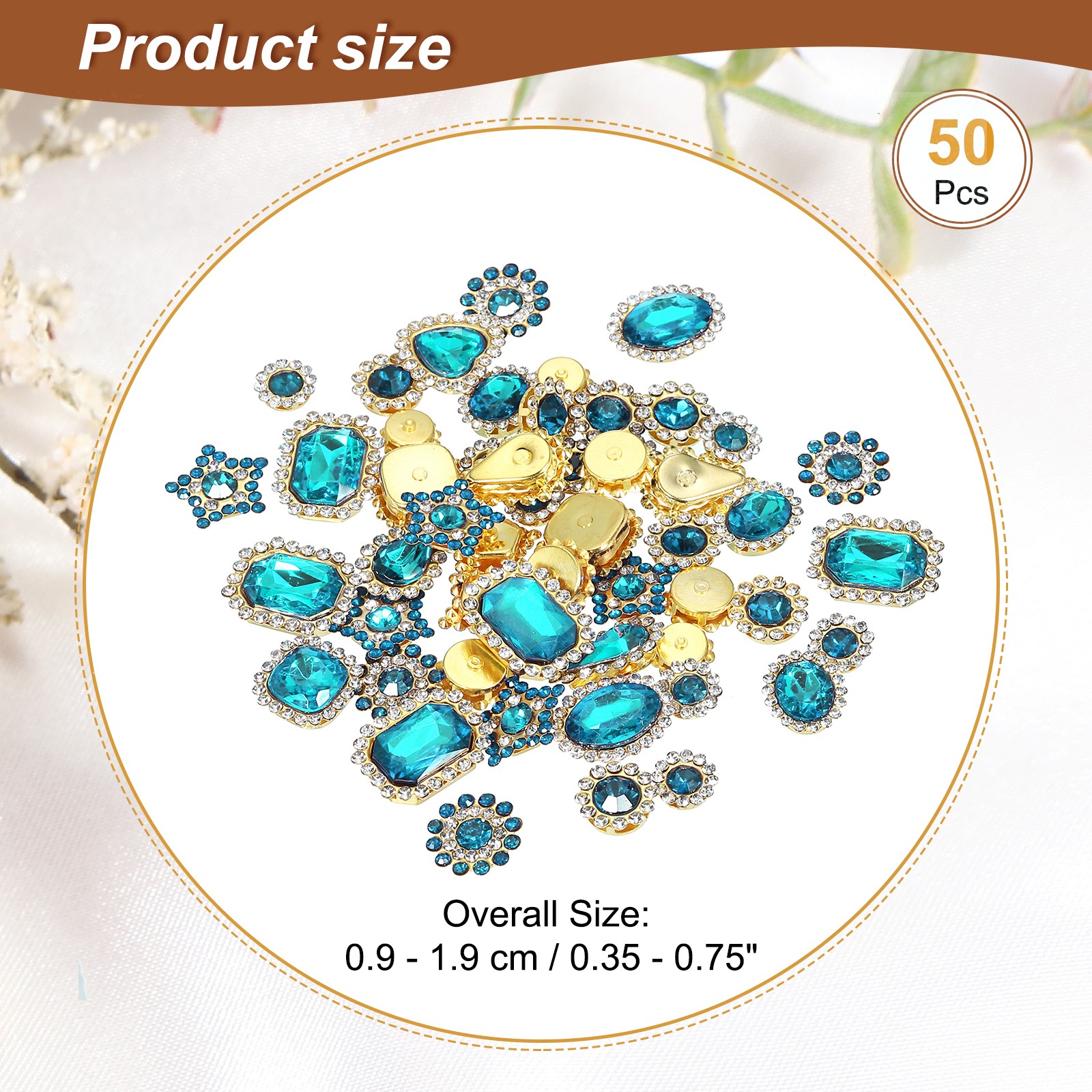 50Pcs Sew on Rhinestones Crystal Glass Gems Metal Base Claw Rhinestones Blue