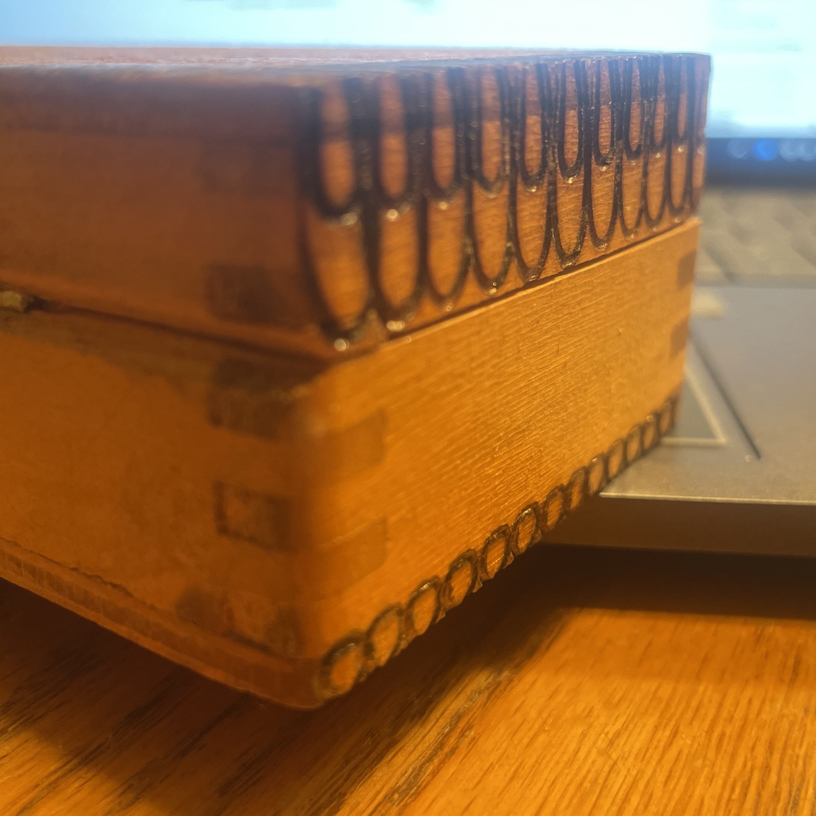 Vtg Wooden Pyrography Pencil Trinket Box Hand Painted & Burned Made in Bulgaria