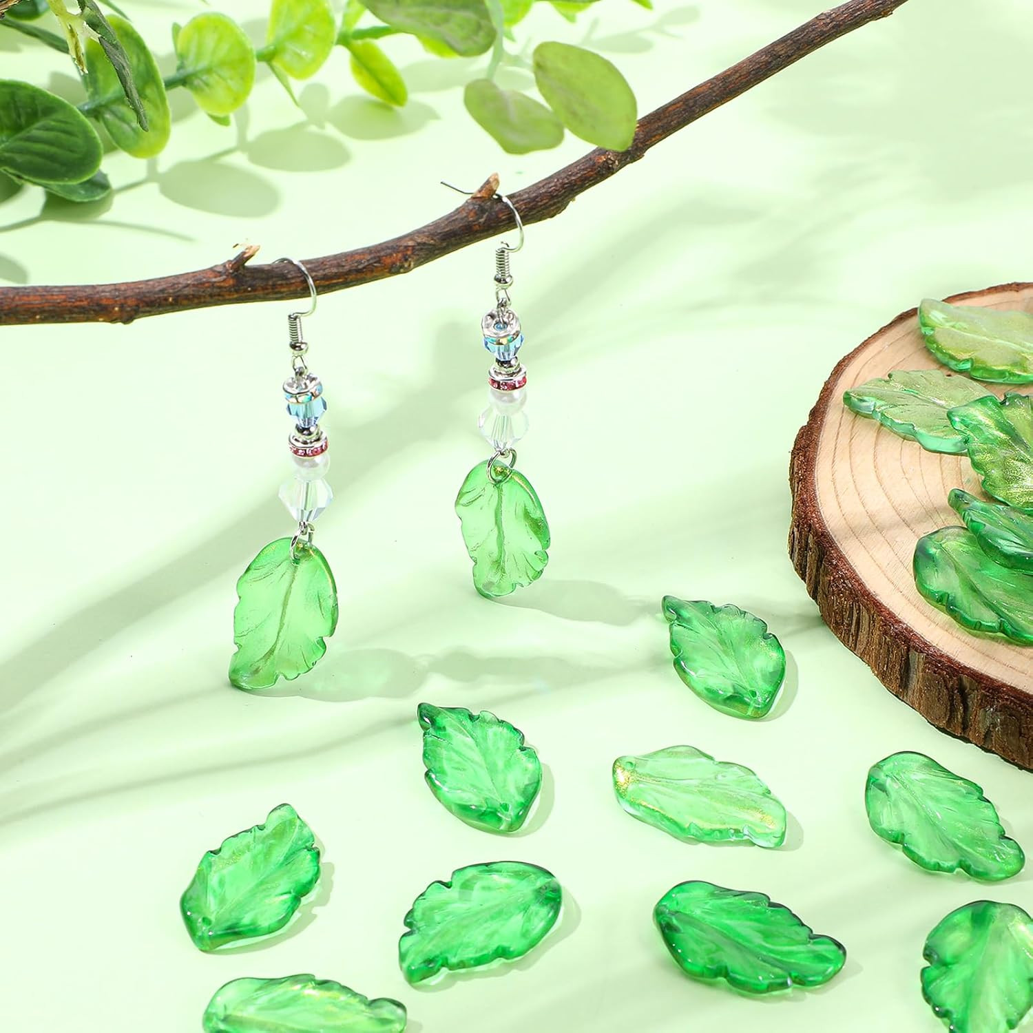 50Pcs Green Crystal Glass Leaf Beads, Leaf Shape Spacer Charms Translucent Czech