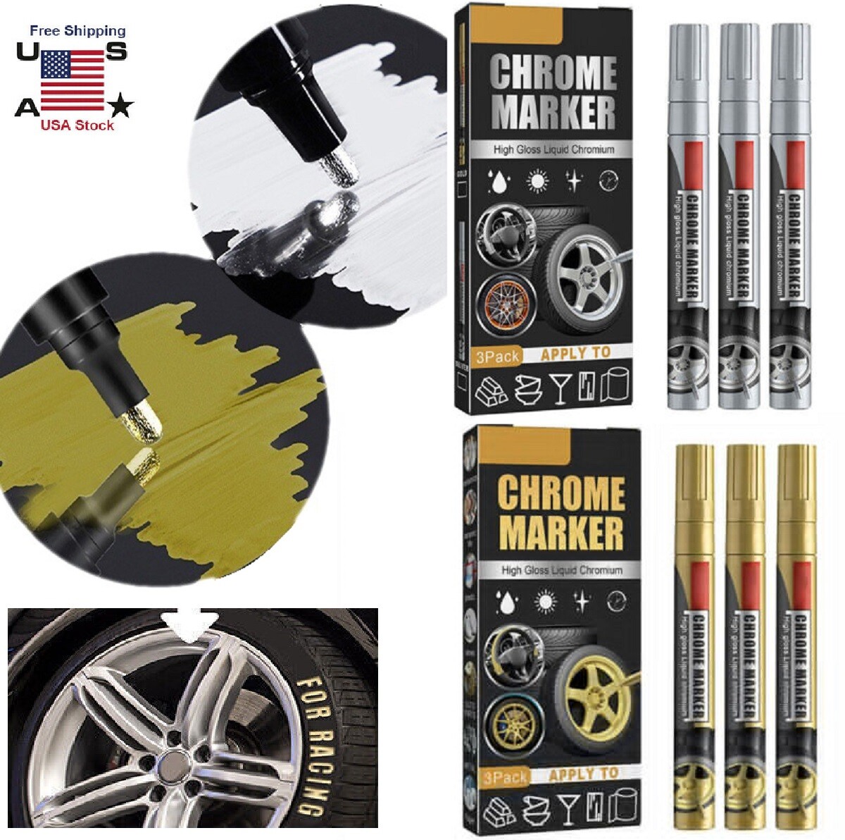 6× Liquid Mirror Chrome Marker Set DIY Car Paint Pen Metal Marker Plated Pens US