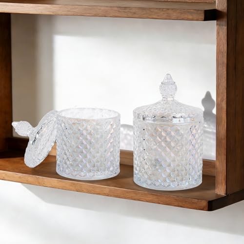 2 Pack Qtip Holder Apothecary Jars with Lid, Thick 10 oz (2 pack) Iridescent