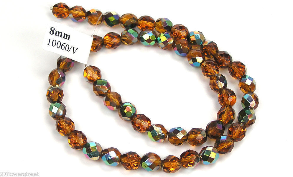 Czech Fire Polished Round Faceted Beads in Topaz Vitrail coated 16″ strand brown
