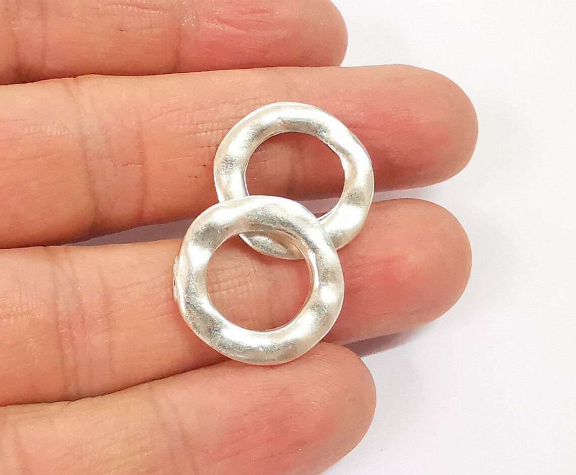 2 Hammered Circle Connector Antique Silver Plated Findings (20mm) G24651