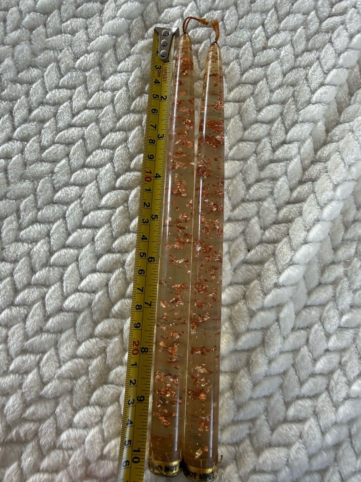 Vintage MCM Lucite Taper Candles Clear • Rose Gold Copper Flecks • Pair