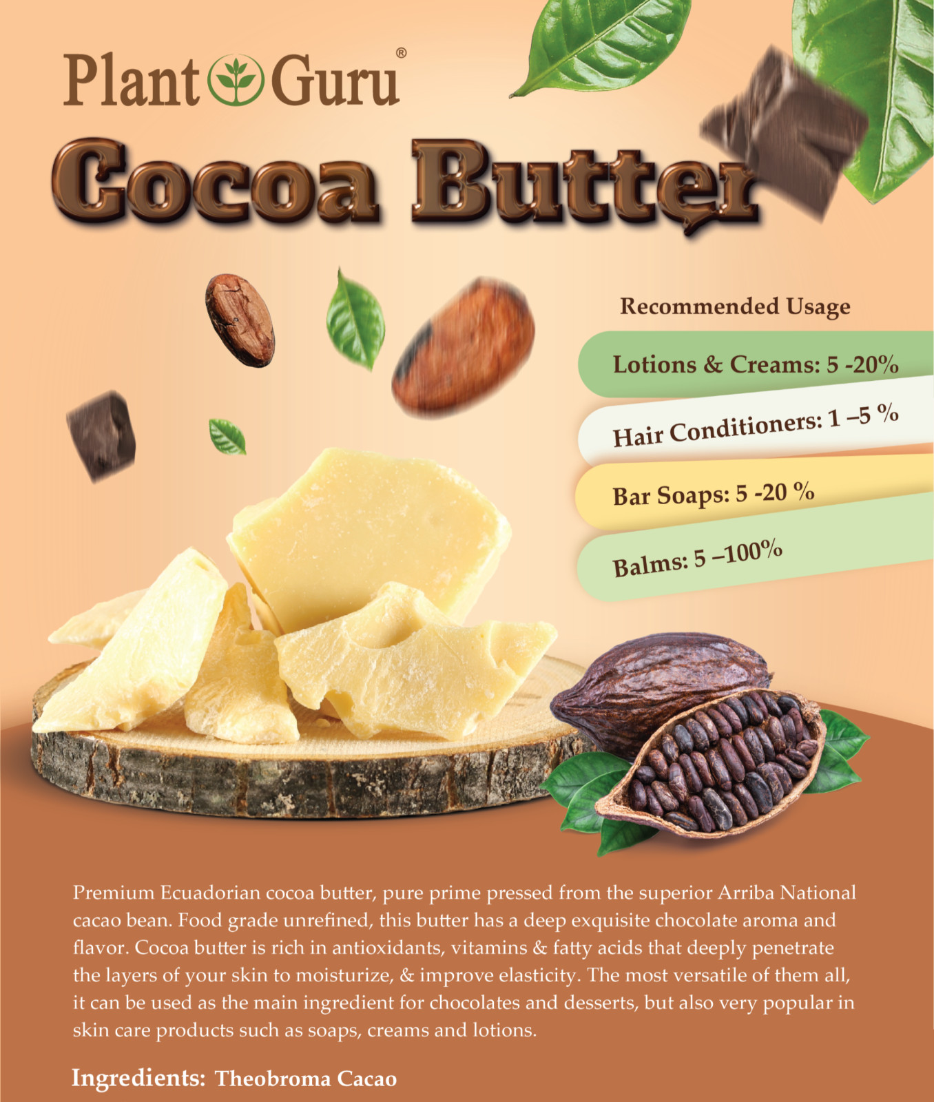 Raw Cocoa Butter 1 lb. FOOD GRADE 100% Pure Natural Unrefined Organic Cacao Bean