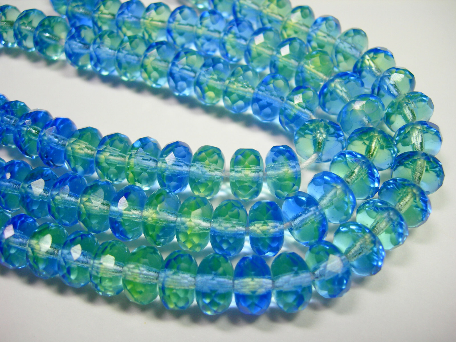 25 Aqua, Sapphire Blue and Green Czech Glass Rondelle Beads 8x6mm