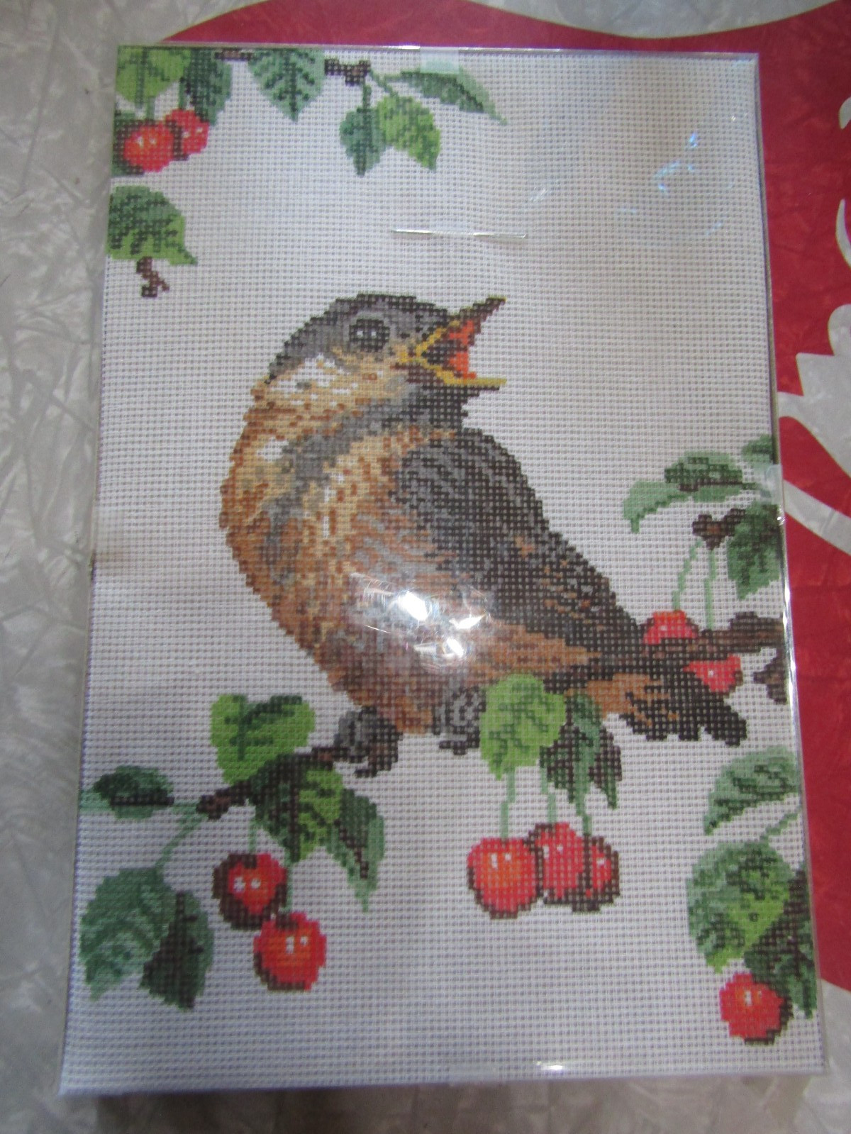 MADE In AUSTRIA Vintage BIRD In FRUIT TREE Needlepoint KIT – 1950’s