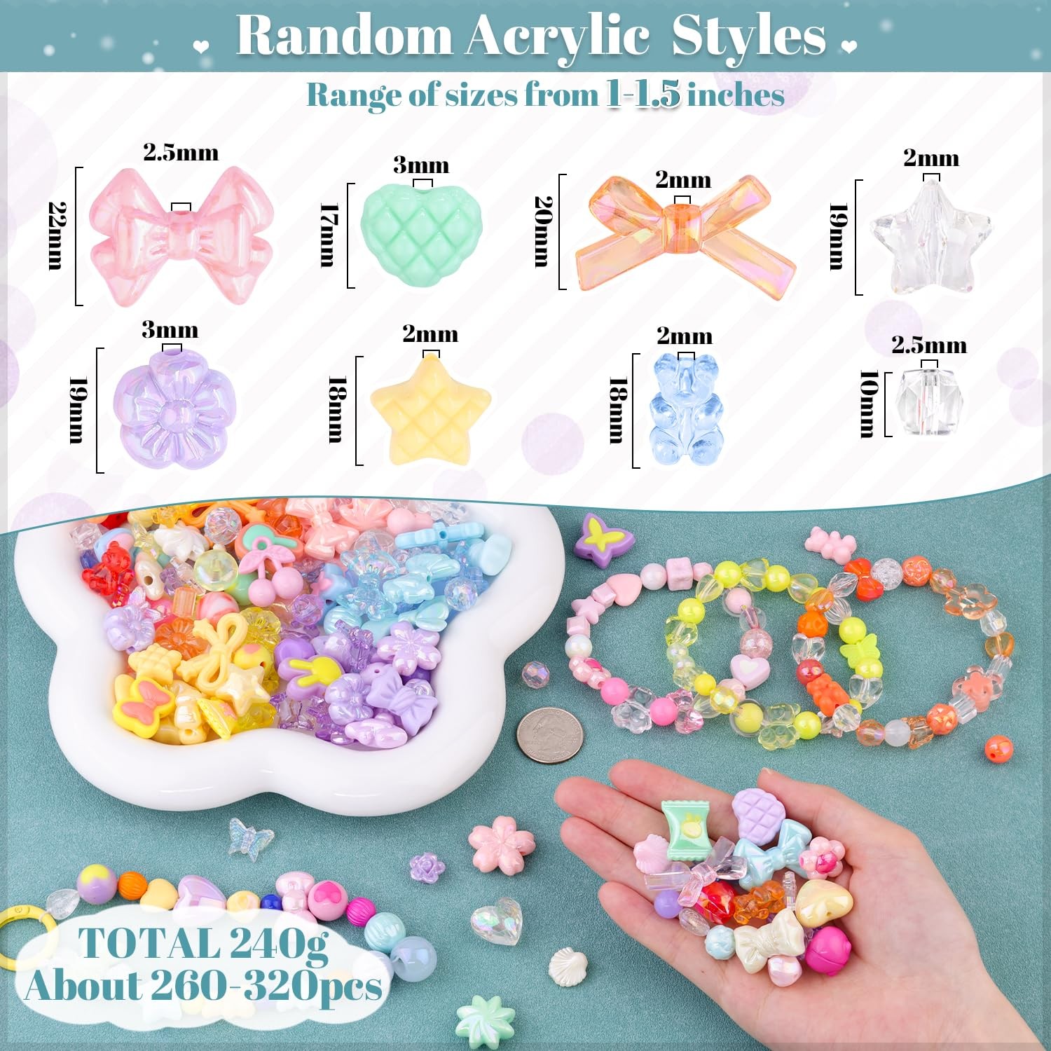 Assorted Acrylic Beads,260-320PCS 6 Colors Series Aesthetic Bead for Bracelet Ma