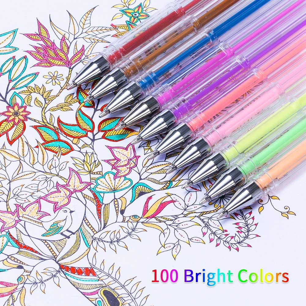 Gel Pens 200 Pack 100 Colors Refills Case Adult Coloring Books Drawing Painting