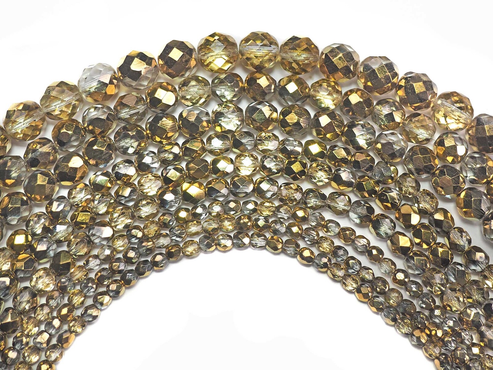 Czech Glass Fire Polished Round Faceted Beads Crystal Amber 2-sided Gold Half