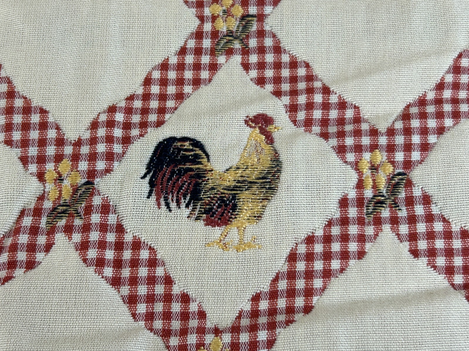 Embroidered Roosters Red & White Gingham Lattice on Ivory Upholstery Fabric 1 yd