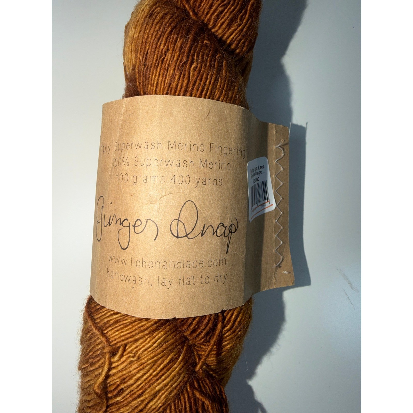New Lichen and Lace 1-ply Superwash Merino Fingering Wt. Yarn Ginger Snap 100g