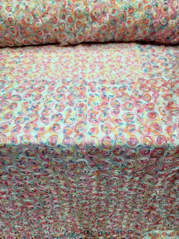 “White Mesh Fabric with Multicolor Floral Embroidery and Pastel Confetti: Sold b