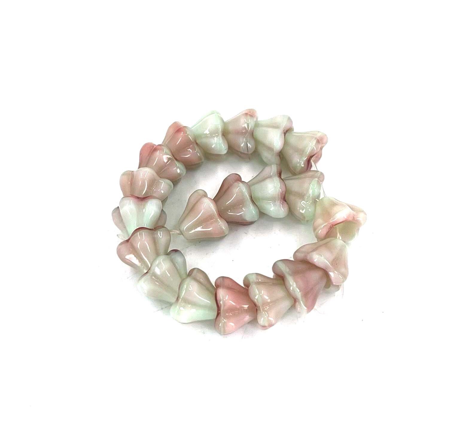 20 Czech Glass Baby Bell Flower Beads – Pistachio / Raspberry Swirl 8x6mm