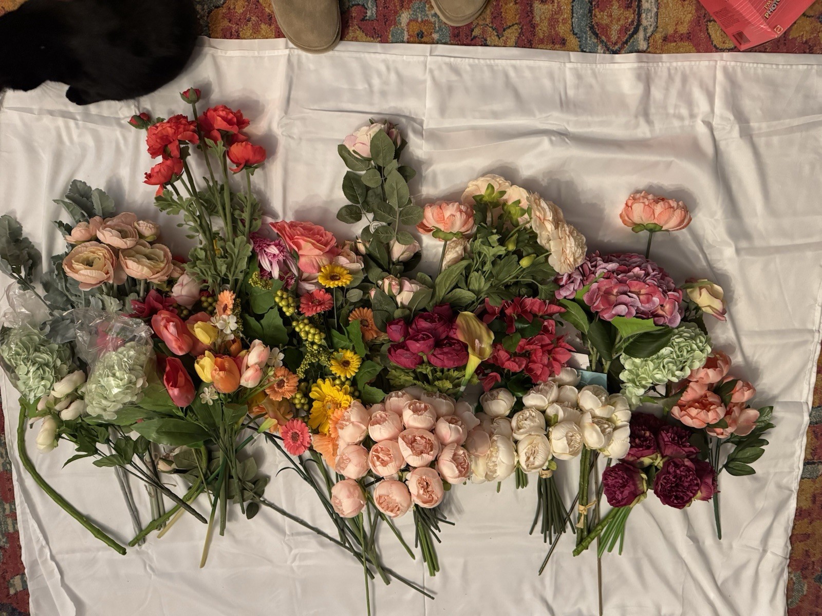 Mixed artificial flowers bundle. Fabric plastic assorted colors
