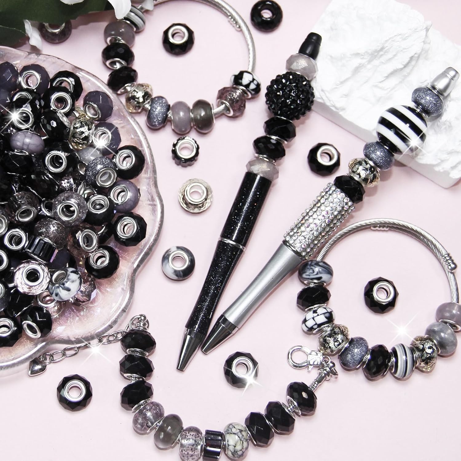 100 Pieces Large Hole Beads, Assorted European Craft Beads Black Big Hole Fai…