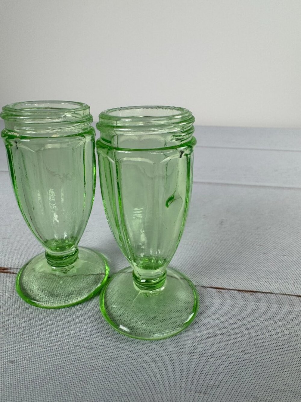 Vintage Hazel Atlas Uranium Vaseline Glass Salt & Pepper Shakers Pair No Lids
