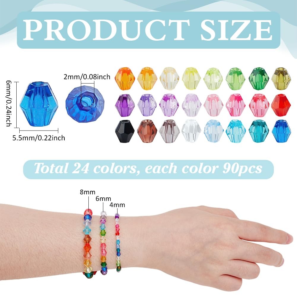 2160pcs 6mm Crystal Beads Bicone Bracelet Bead Faceted Acrylic Beads 24 Colors