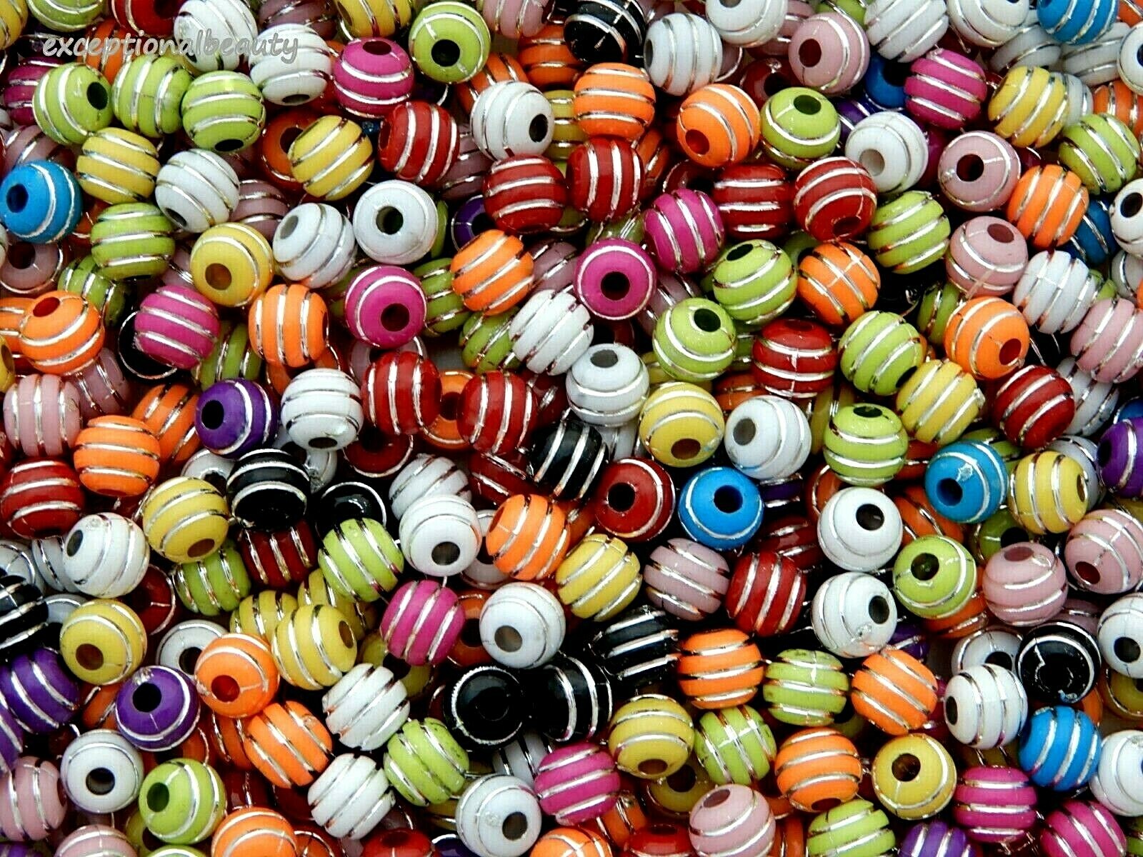 200 Assorted Opaque Silver Striped Ribbed 7mm Round Acrylic Bubblegum Beads
