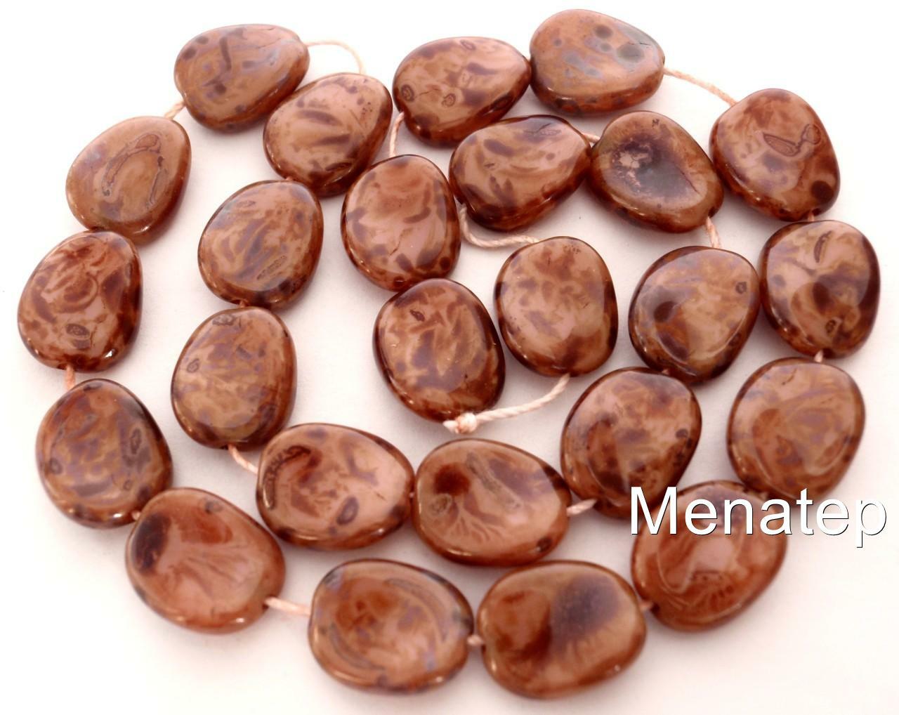 25 12 x 9 mm Czech Glass Twisted Flat Oval Beads: Coral Pink – Picasso