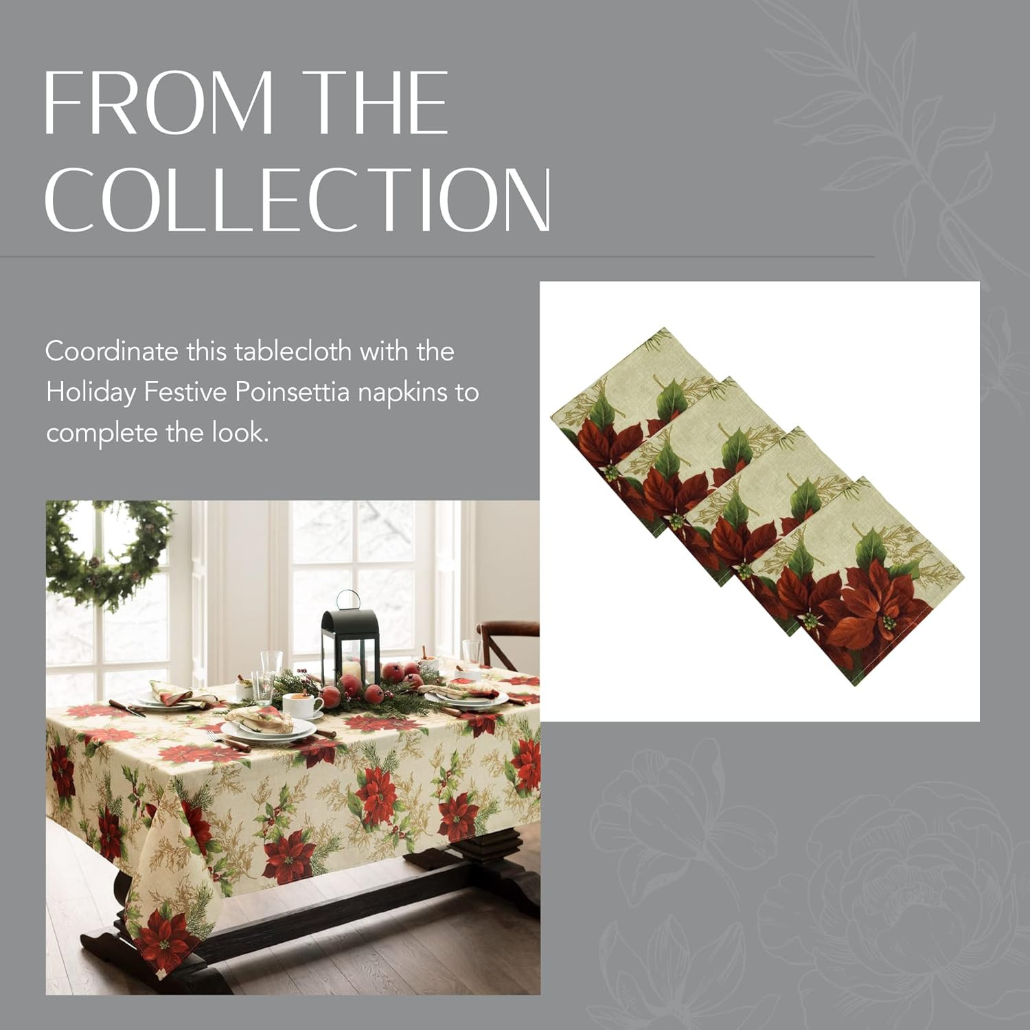 Home Fashions Festive Poinsettia Holiday Wrinkle Resistant Fabric Tablecloth, Mu
