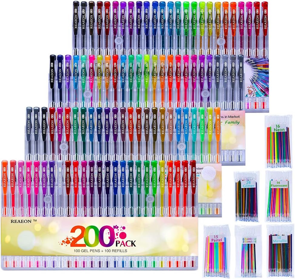 Gel Pens 200 Pack 100 Colors Refills Case Adult Coloring Books Drawing Painting
