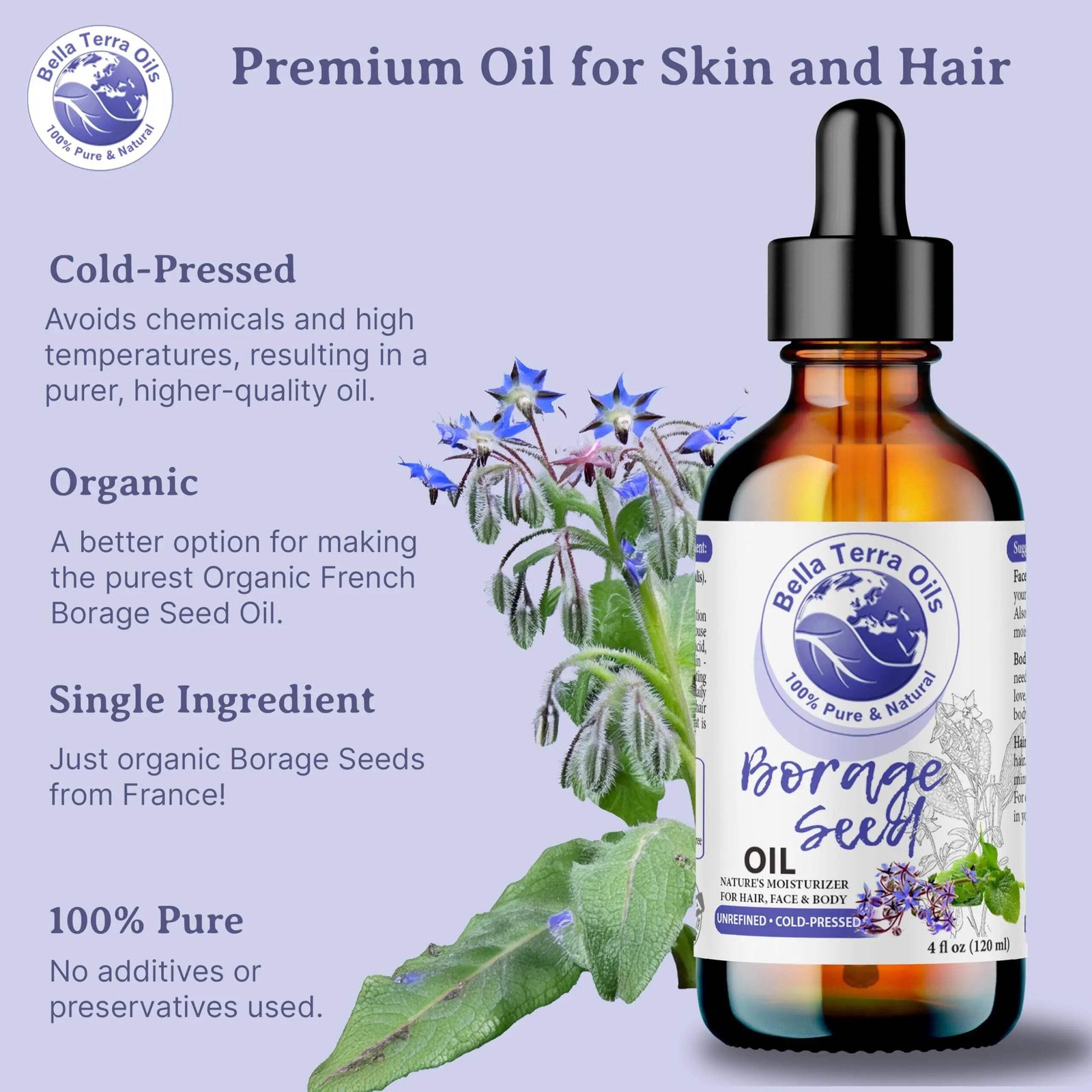 Organic Pure Borage Seed Oil – 2oz | Premium Cold-Pressed Oil for Skin & Hair Ca