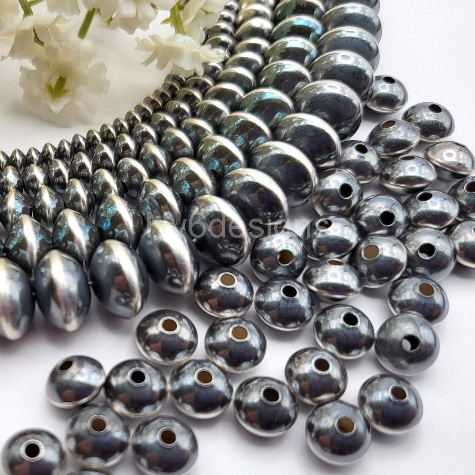 High Quality Navajo Saucer Pearl .925 Sterling Silver Beads 3.3-8.9mm forJewelry