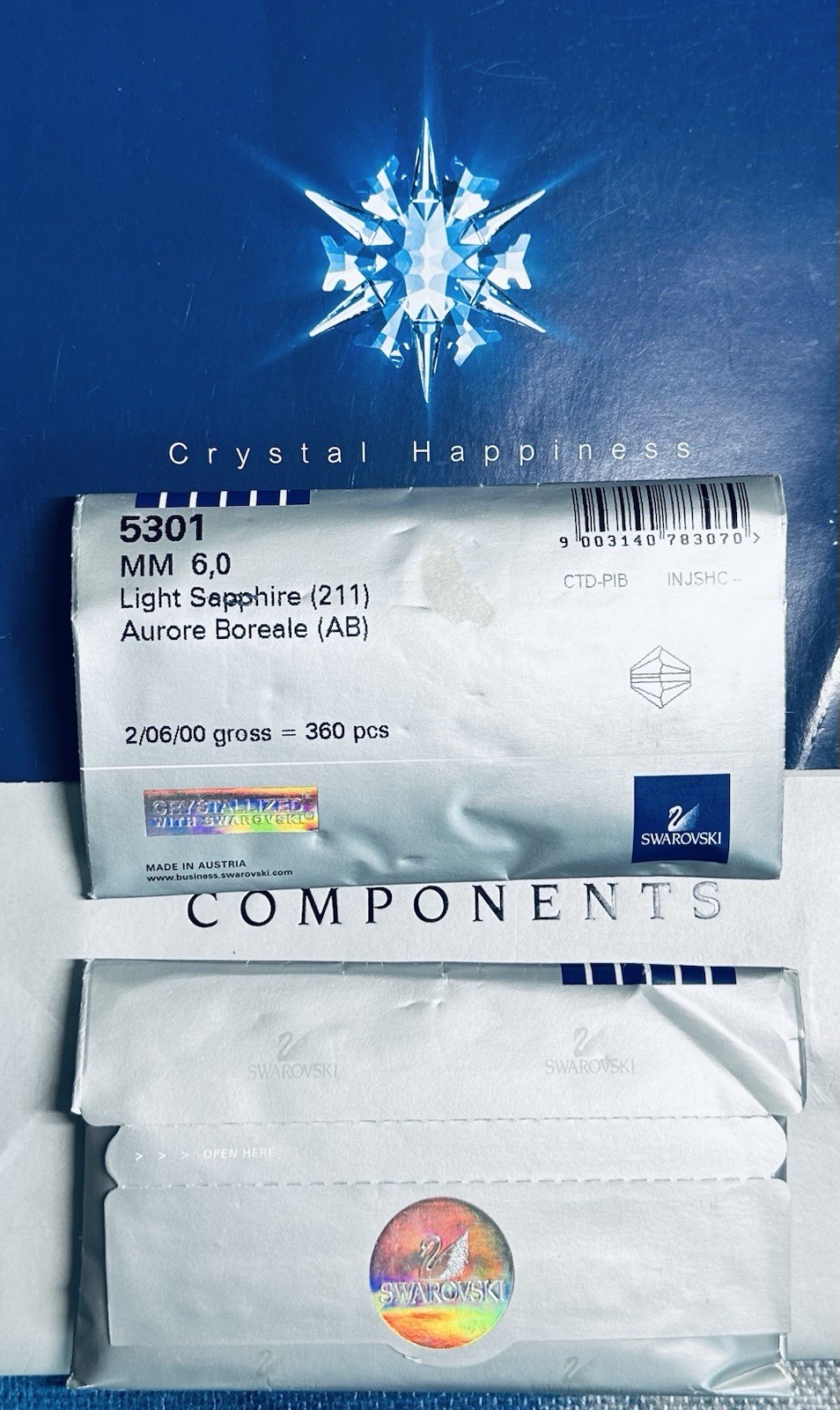 Swarovski 5328 6mm Light Sapphire AB Seal Pack 360pcs Austrian Bicone NP Crystal