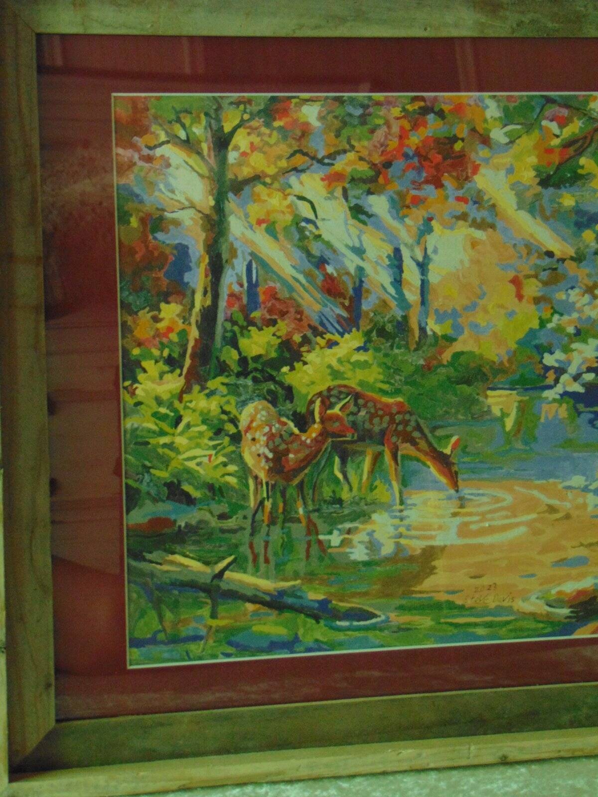 FRAMED DEER PAINT BY NUMBER signed Steve Davis custom wood frame matte & glass