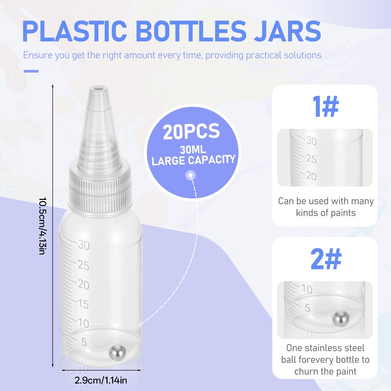 20Pcs Airbrush Paint Bottles Jars 1oz/30ml Plastic Paint Containers with Ball, R