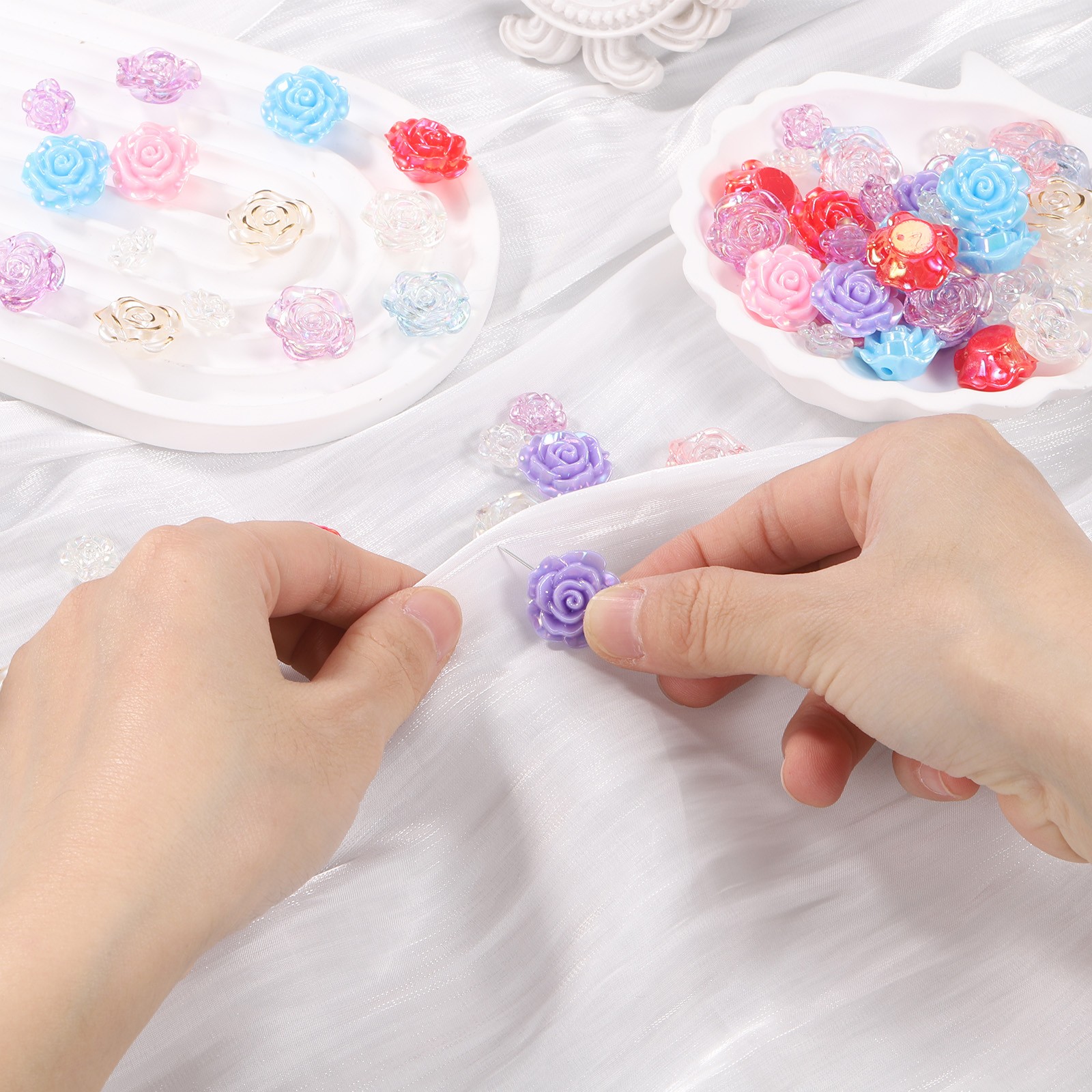 100Pcs Rose Pearl Flower Buttons Flower Sewing Buttons(12mm Light Purple AB))