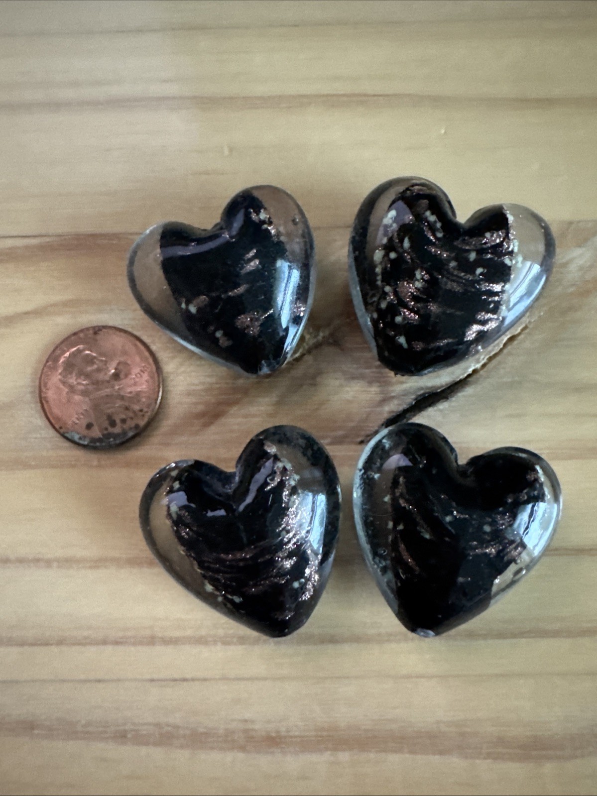 4 BLACK GOLD SAND HEART 3D Puffy 28mm LAMPWORK GLASS -jewelry beads