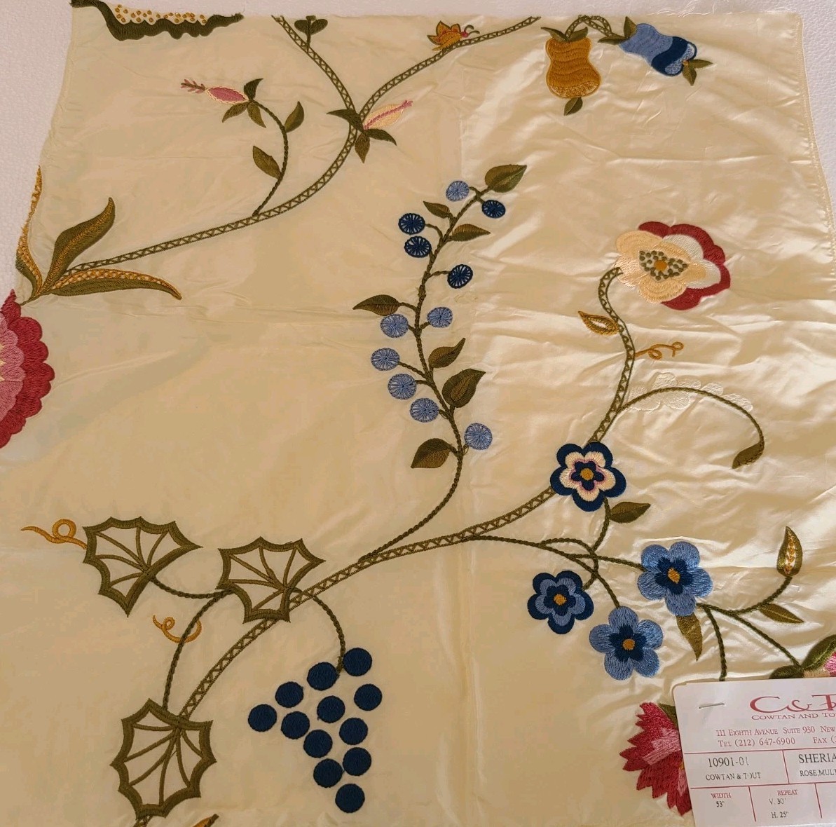 Designer Fabric Silk Samples Floral Butterfly Embroidered Cream Green Rose India