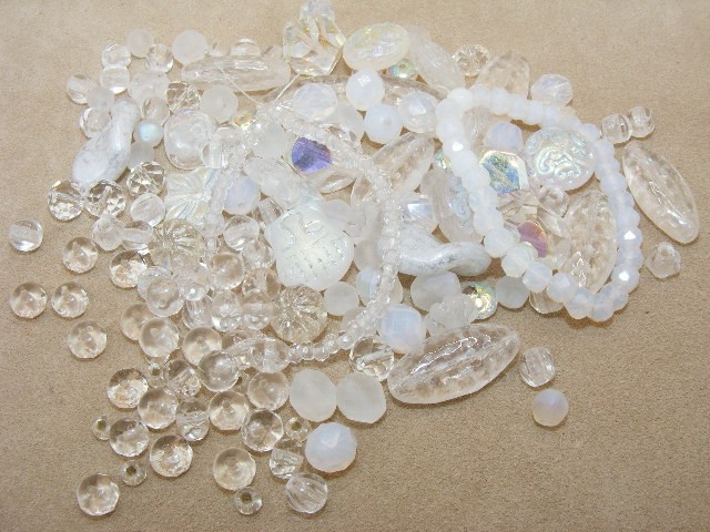 Jewelry Lot / Craft Beads ~ Bag of Czech “Bead Soup” ~ Clear and White Beads