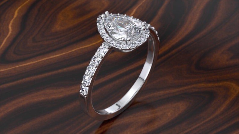 Pear Shaped Engagement Ring – Halo Moissanite Ring, Teardrop CZ Promise Ring
